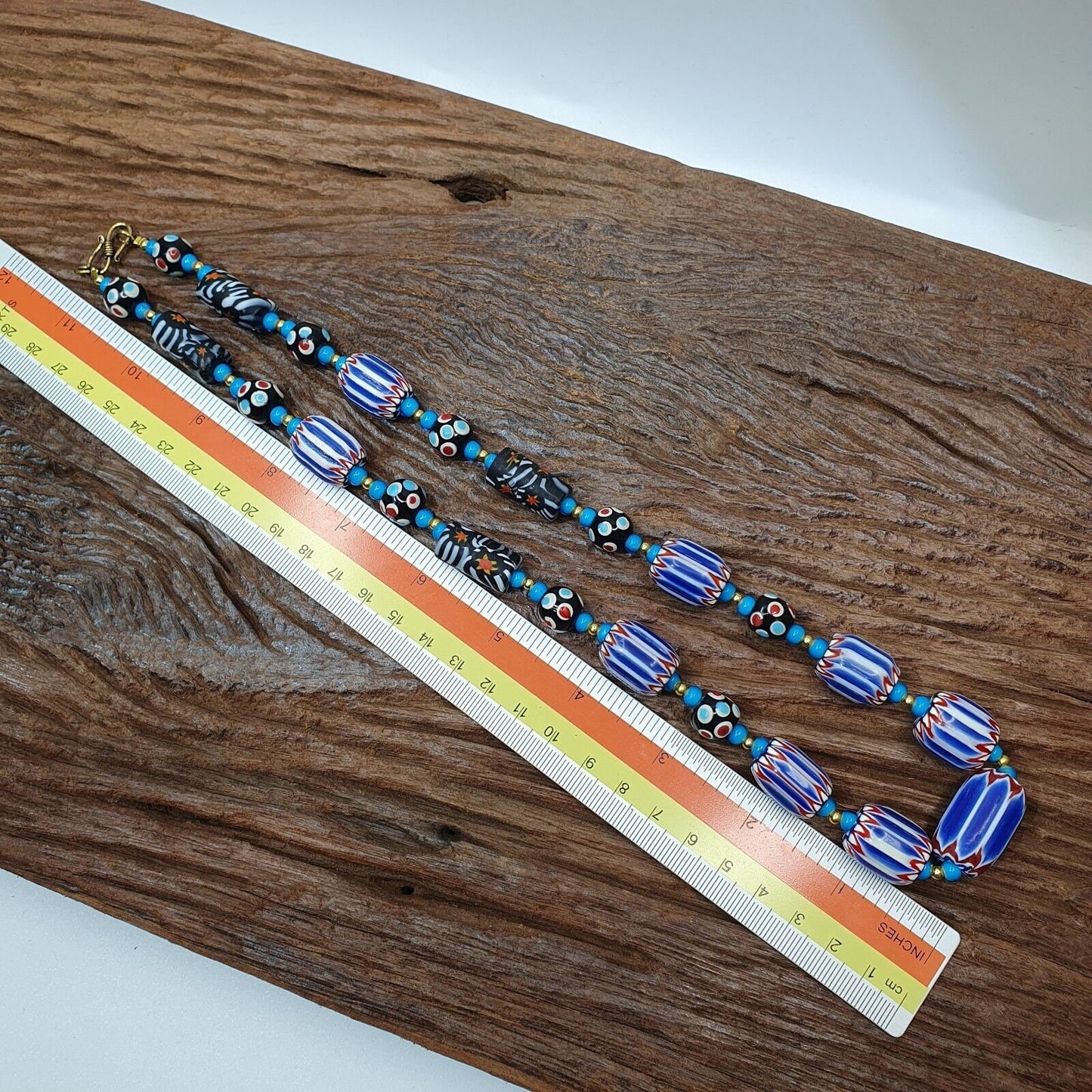 Venetian inspired trade skunk blue chevron and whiteheart beads strand h-2b