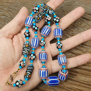 Venetian inspired trade skunk blue chevron and whiteheart beads strand h-2b