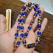 Vintage venetian style trade skunk blue chevron and jade beads strand h-9b