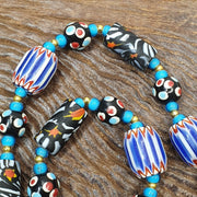 Venetian inspired trade skunk blue chevron and whiteheart beads strand h-2b