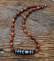 Antique vintage himalayan indo tibetan 2 eye agate, carving skull beads necklace