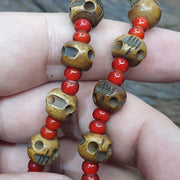 Antique vintage himalayan indo tibetan 2 eye agate, carving skull beads necklace