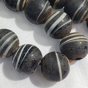 Vintage african white stripes black glass antique beads 17-18mm.