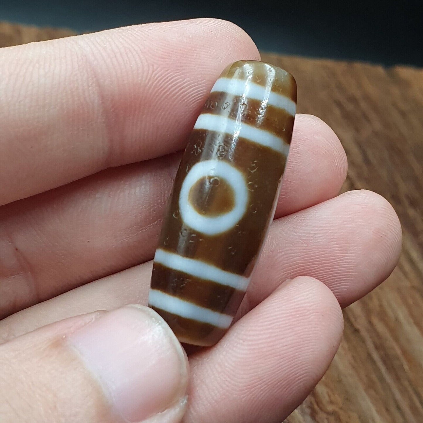 Tibetan old 2 eyes agate dzi bead unique pattern amulet pendant stb-14