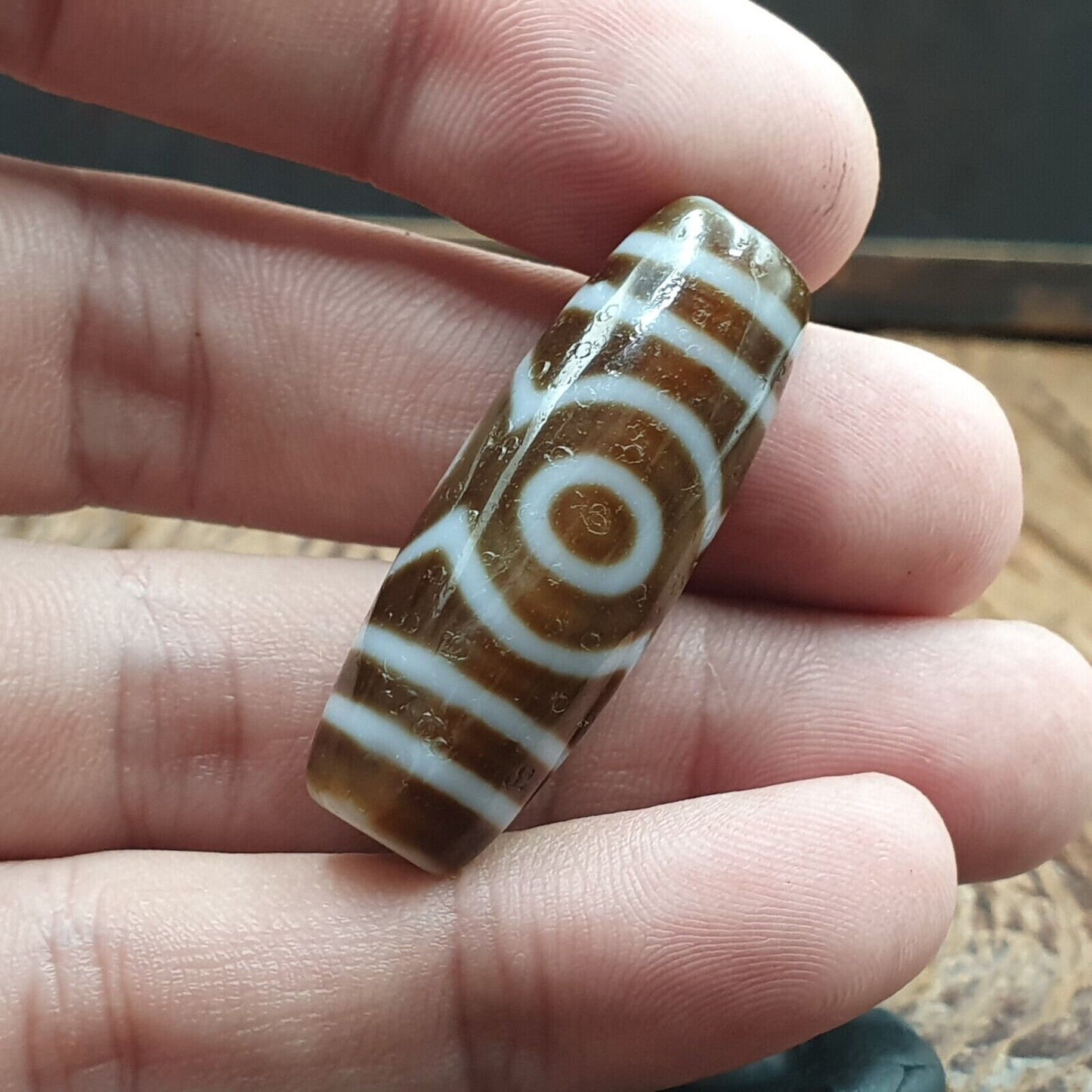 Tibetan old 3 eyes agate dzi bead unique pattern amulet pendant stb-13