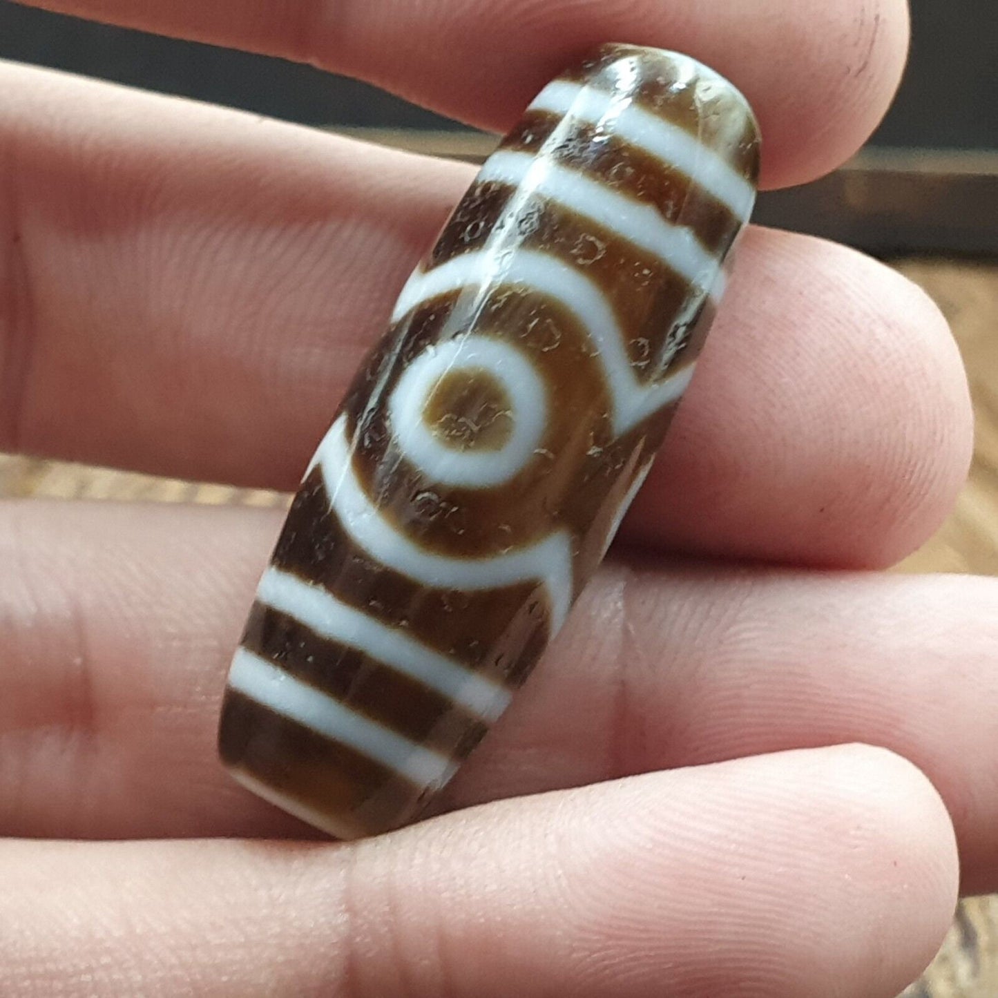 Tibetan old 3 eyes agate dzi bead unique pattern amulet pendant stb-13