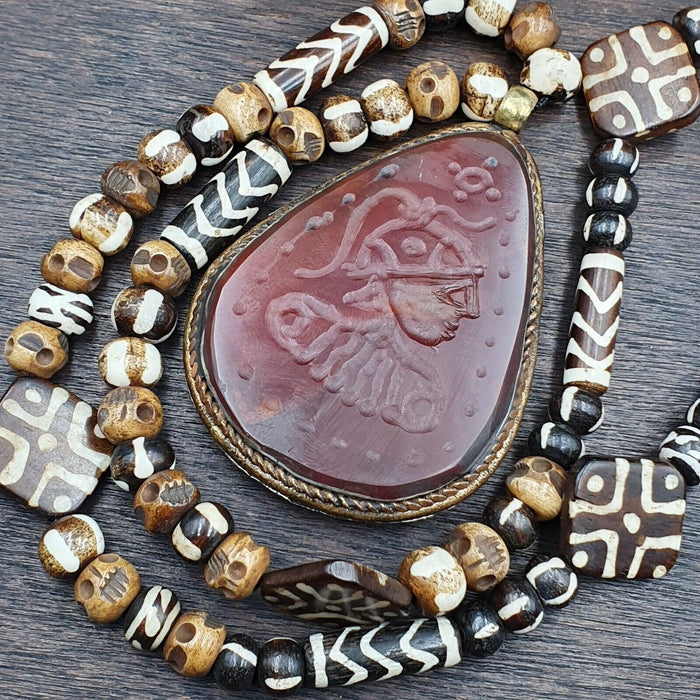 Antique Carved Agate Pendant Necklace: Tibetan Yak Bone Beads