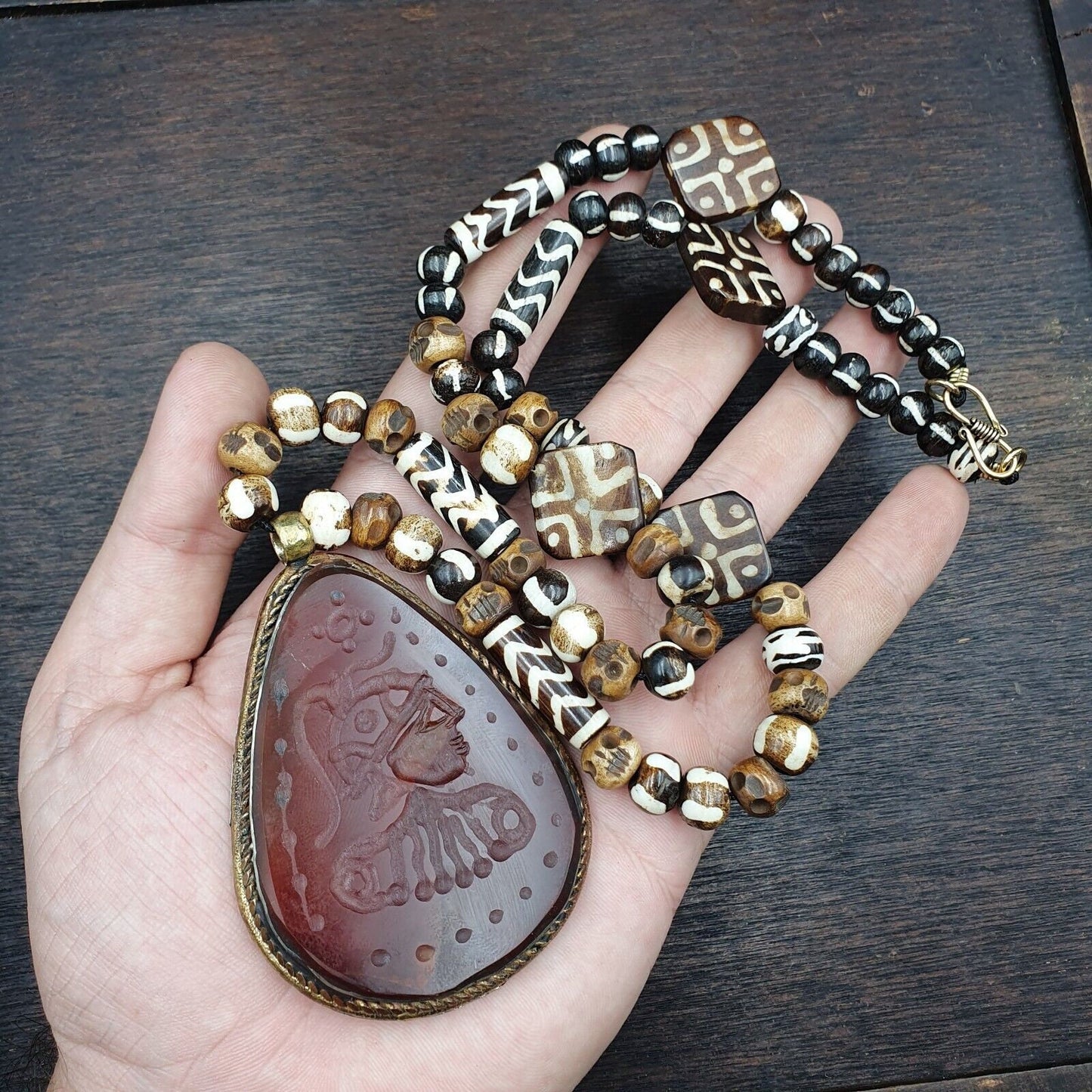 Antique Carved Agate Pendant Necklace: Tibetan Yak Bone Beads