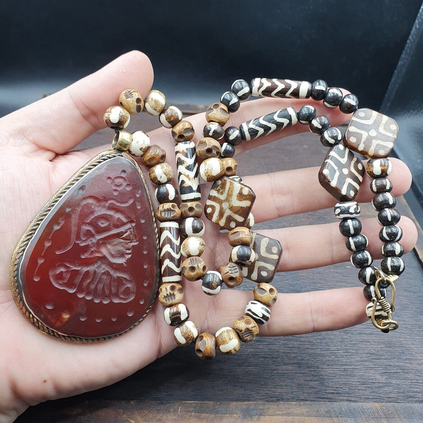 Antique Carved Agate Pendant Necklace: Tibetan Yak Bone Beads
