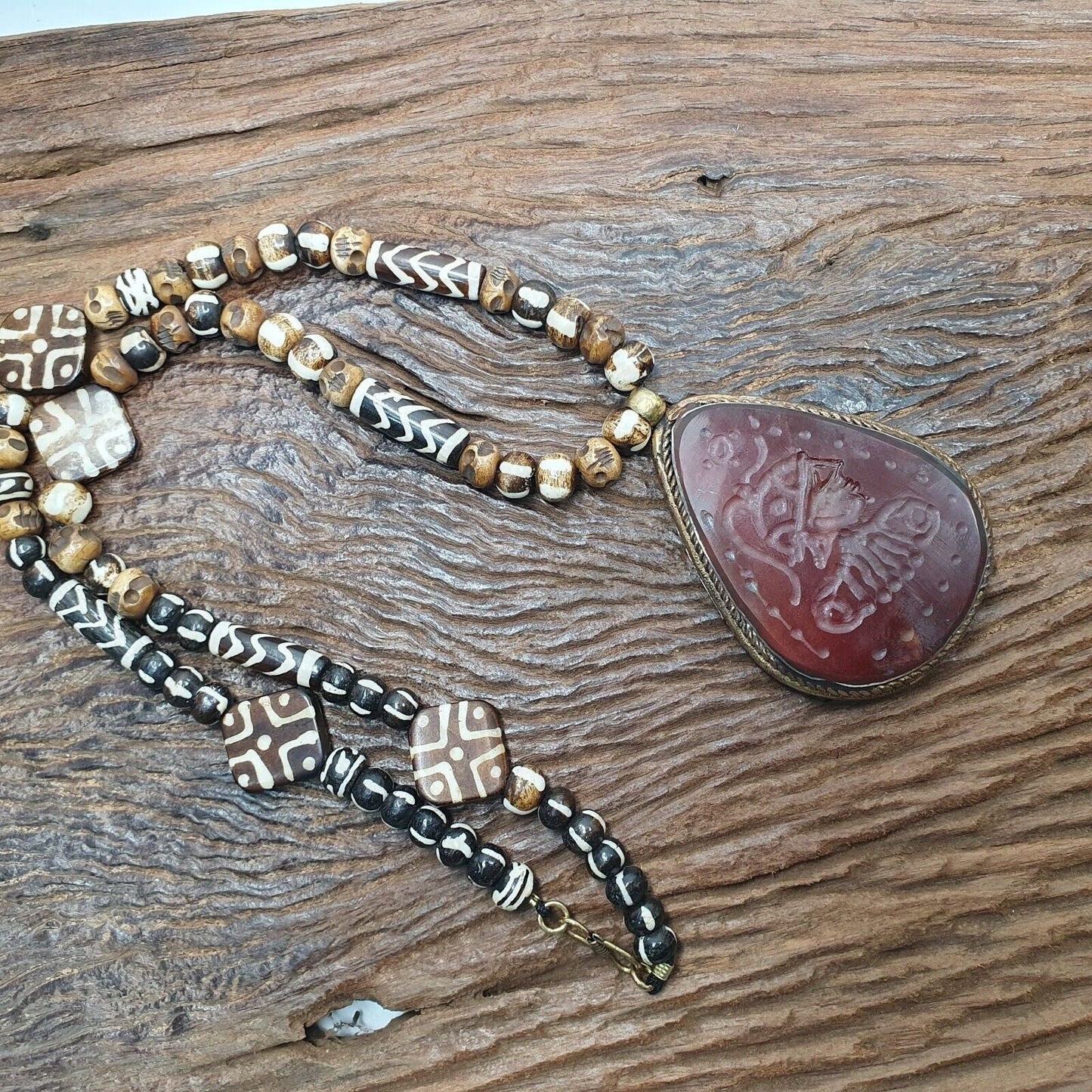 Antique Carved Agate Pendant Necklace: Tibetan Yak Bone Beads