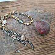 Antique Carved Agate Pendant Necklace: Tibetan Yak Bone Beads