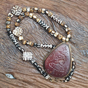 Antique Carved Agate Pendant Necklace: Tibetan Yak Bone Beads