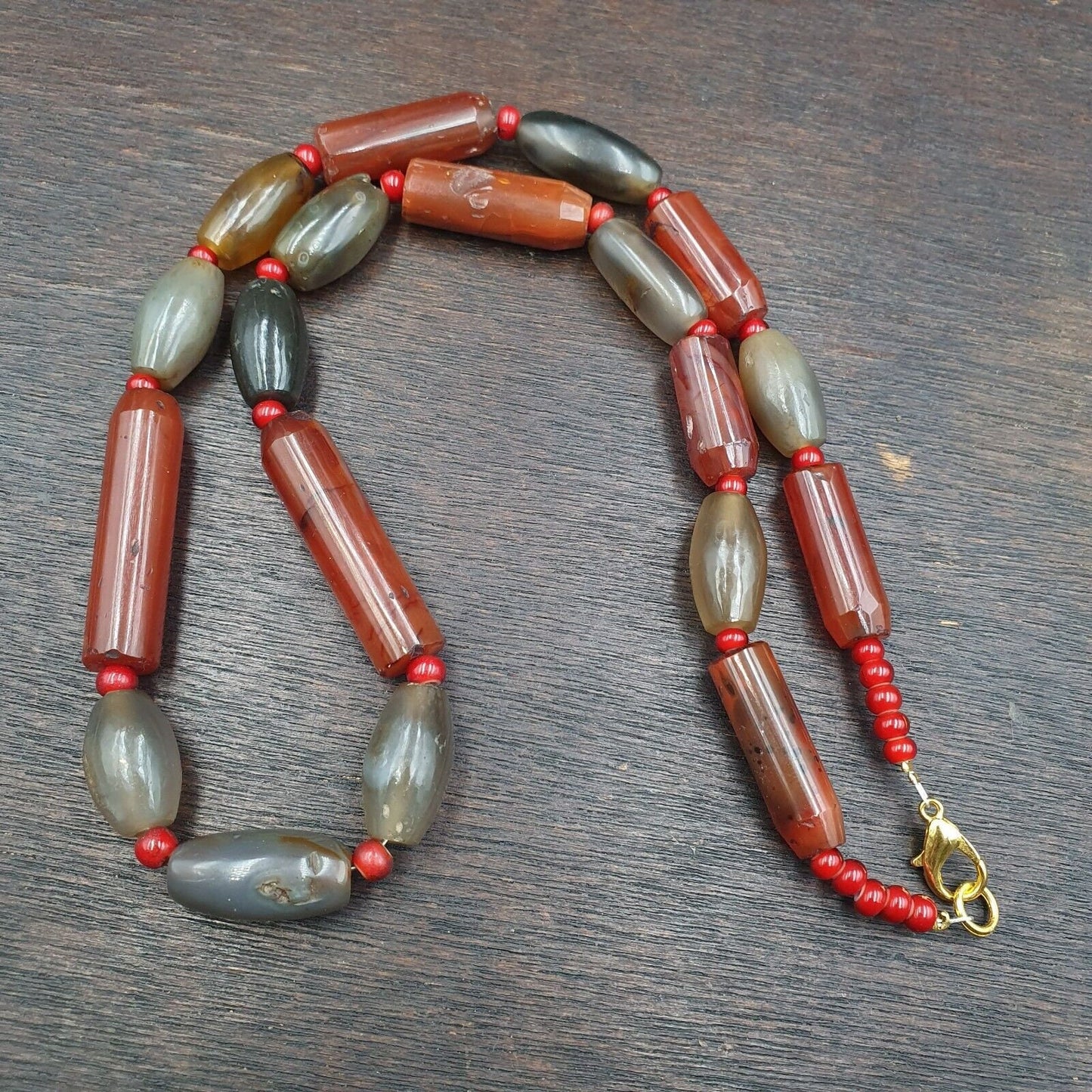 Antique Gray Agate African Trade Bead Necklace: Red Accents