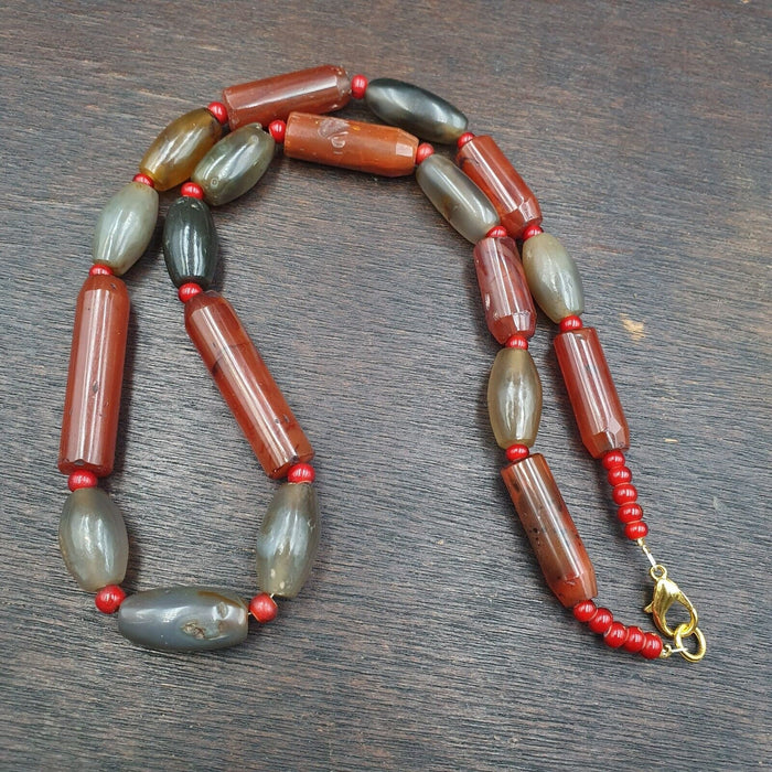 Antique Gray Agate African Trade Bead Necklace: Red Accents