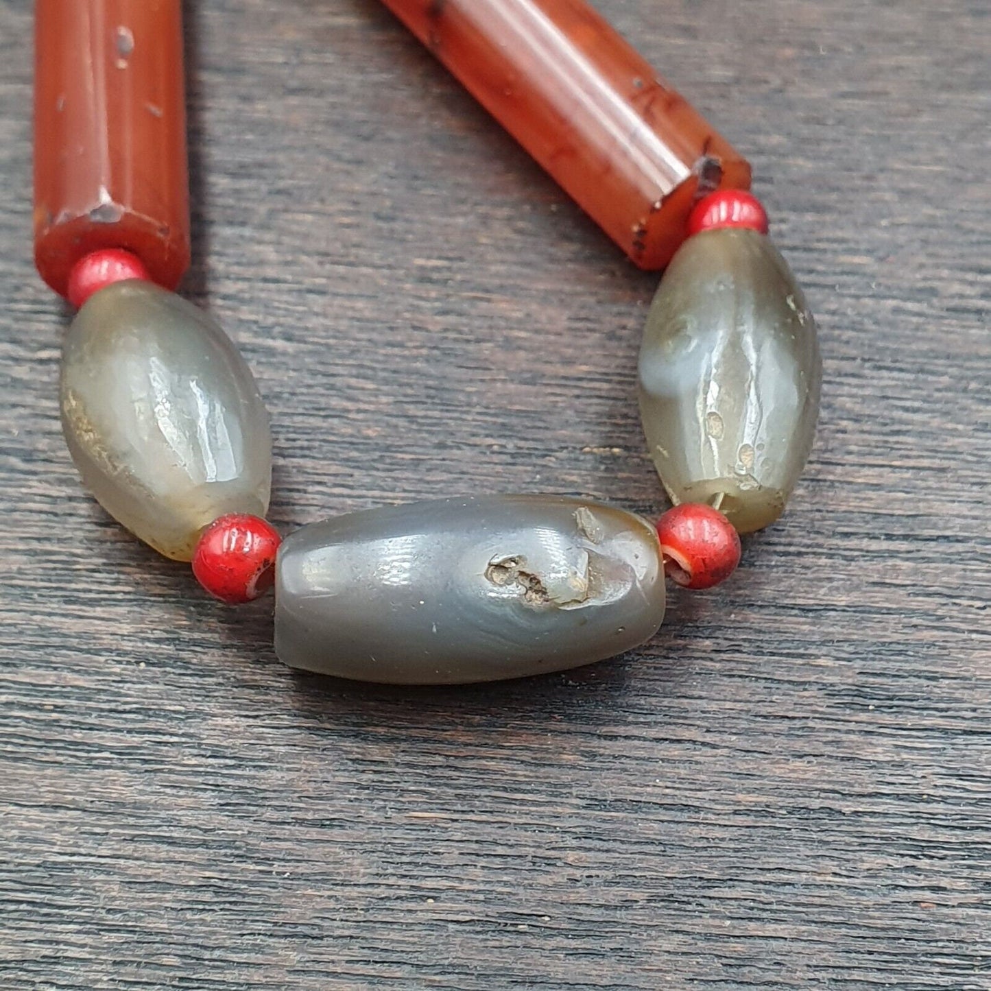 Antique Gray Agate African Trade Bead Necklace: Red Accents