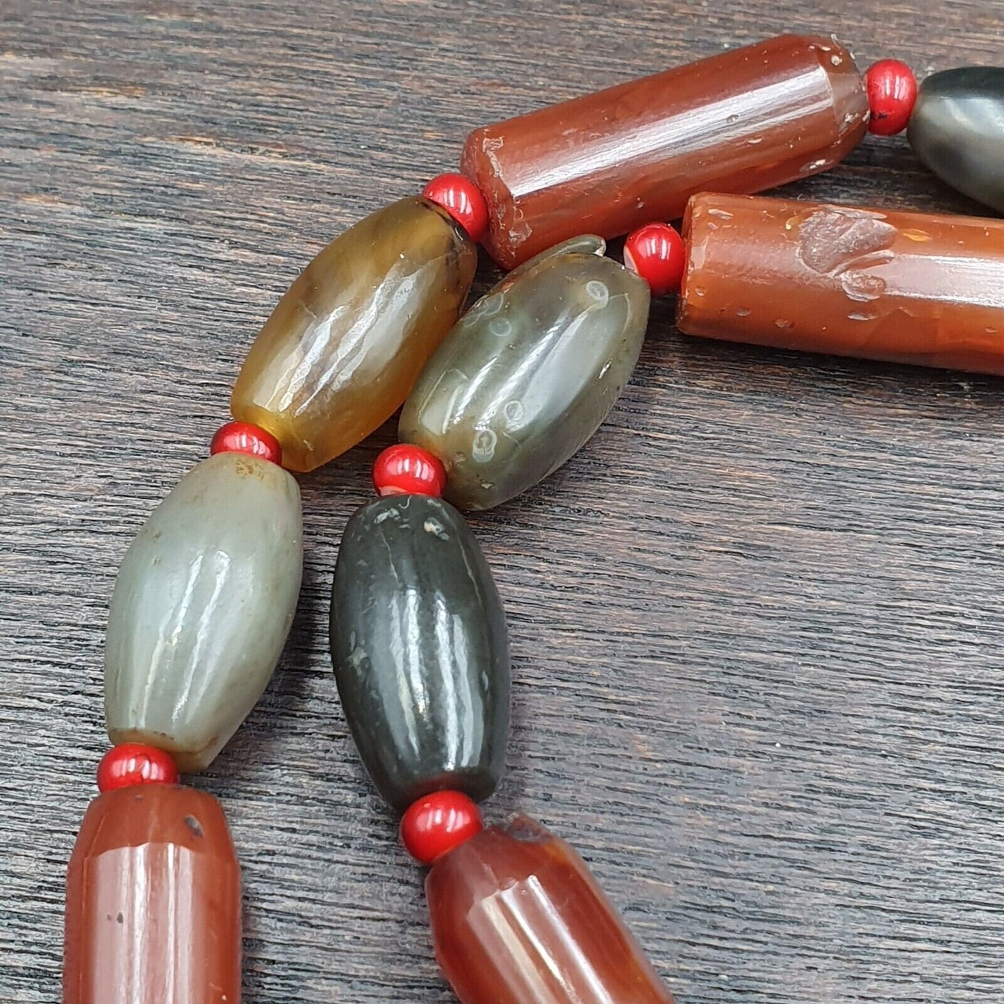 Antique Gray Agate African Trade Bead Necklace: Red Accents