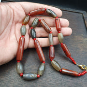 Antique Gray Agate African Trade Bead Necklace: Red Accents