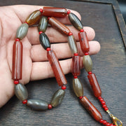 Antique Gray Agate African Trade Bead Necklace: Red Accents
