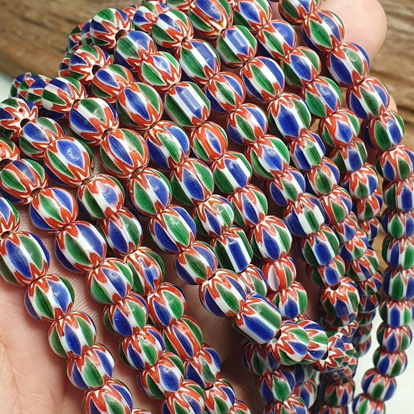 Vintage blue green chevron beads venetian african style beads long strand