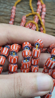 Vintage venetian style beads african red glass chevron beads long strand.
