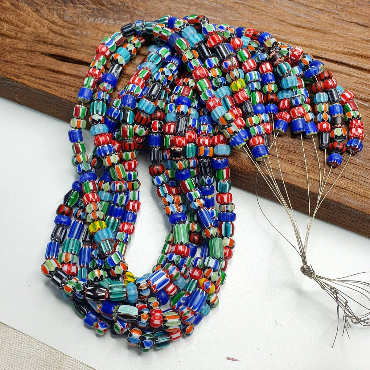 Lot 6 vintage venetian african style glass chevron 6-10mm beads long strand l4Gift