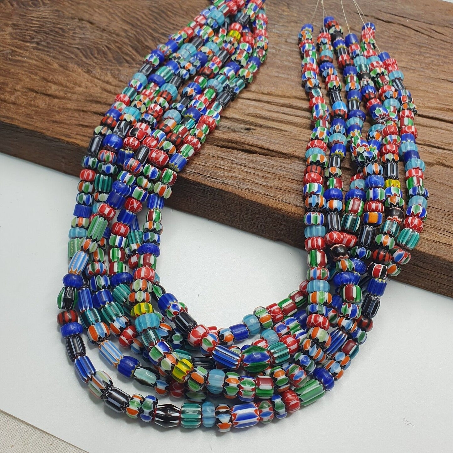 Lot 6 vintage venetian african style glass chevron 6-10mm beads long strand l4Gift
