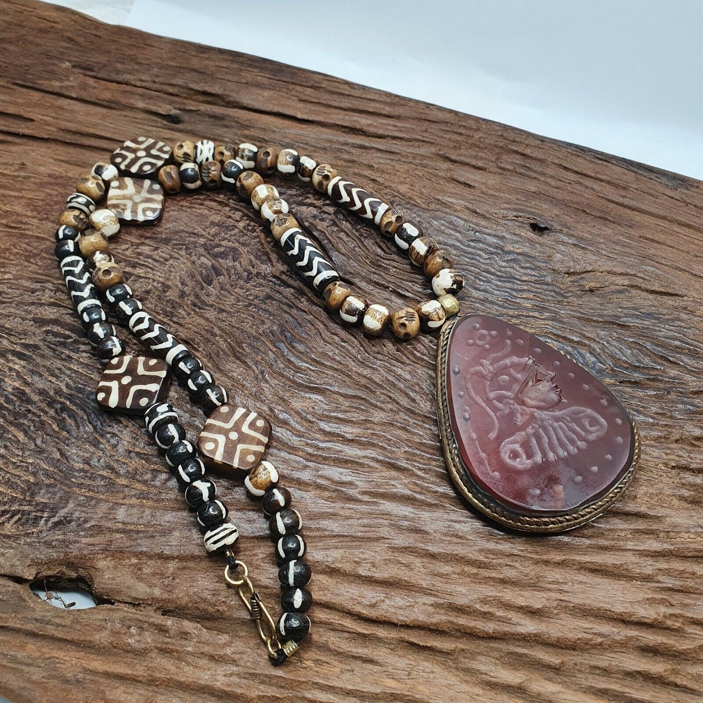 Antique Carved Agate Pendant Necklace: Tibetan Yak Bone Beads