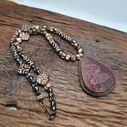 Antique Carved Agate Pendant Necklace: Tibetan Yak Bone Beads