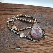 Antique Carved Agate Pendant Necklace: Tibetan Yak Bone Beads