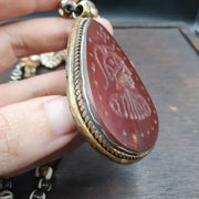 Antique Carved Agate Pendant Necklace: Tibetan Yak Bone Beads
