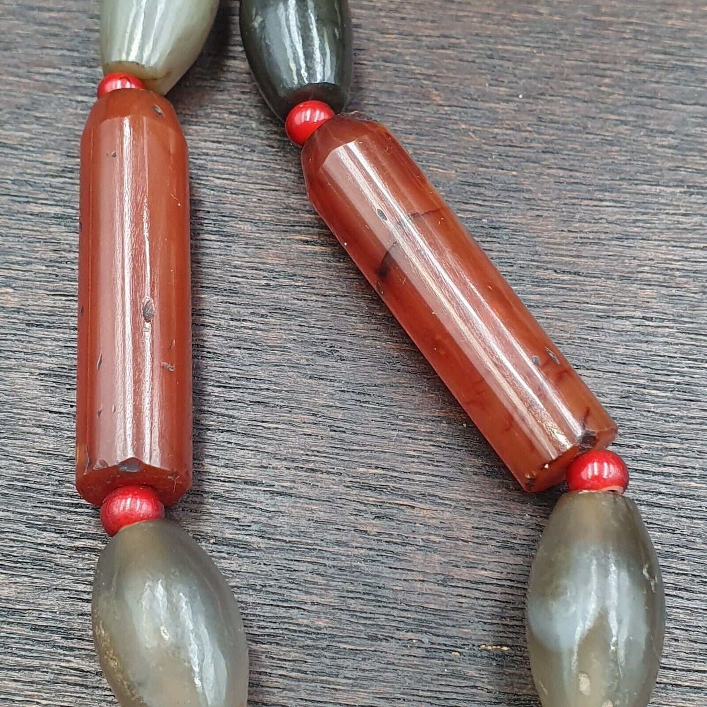 Antique Gray Agate African Trade Bead Necklace: Red Accents