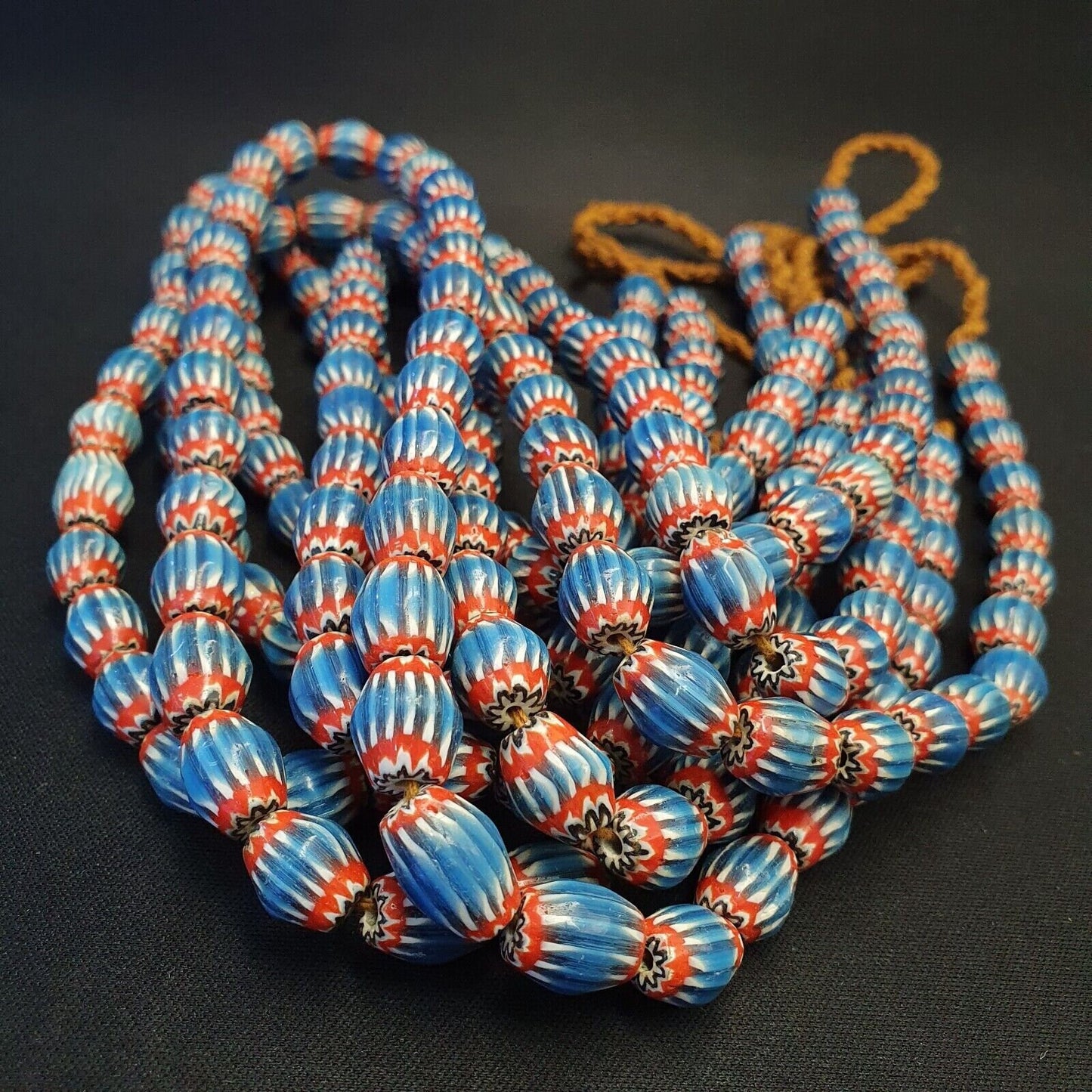 Vintage venetian african style blue glass chevron 10mmx12mm beads long strandGift