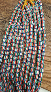 Vintage venetian style  african blue red glass chevron beads long strand.