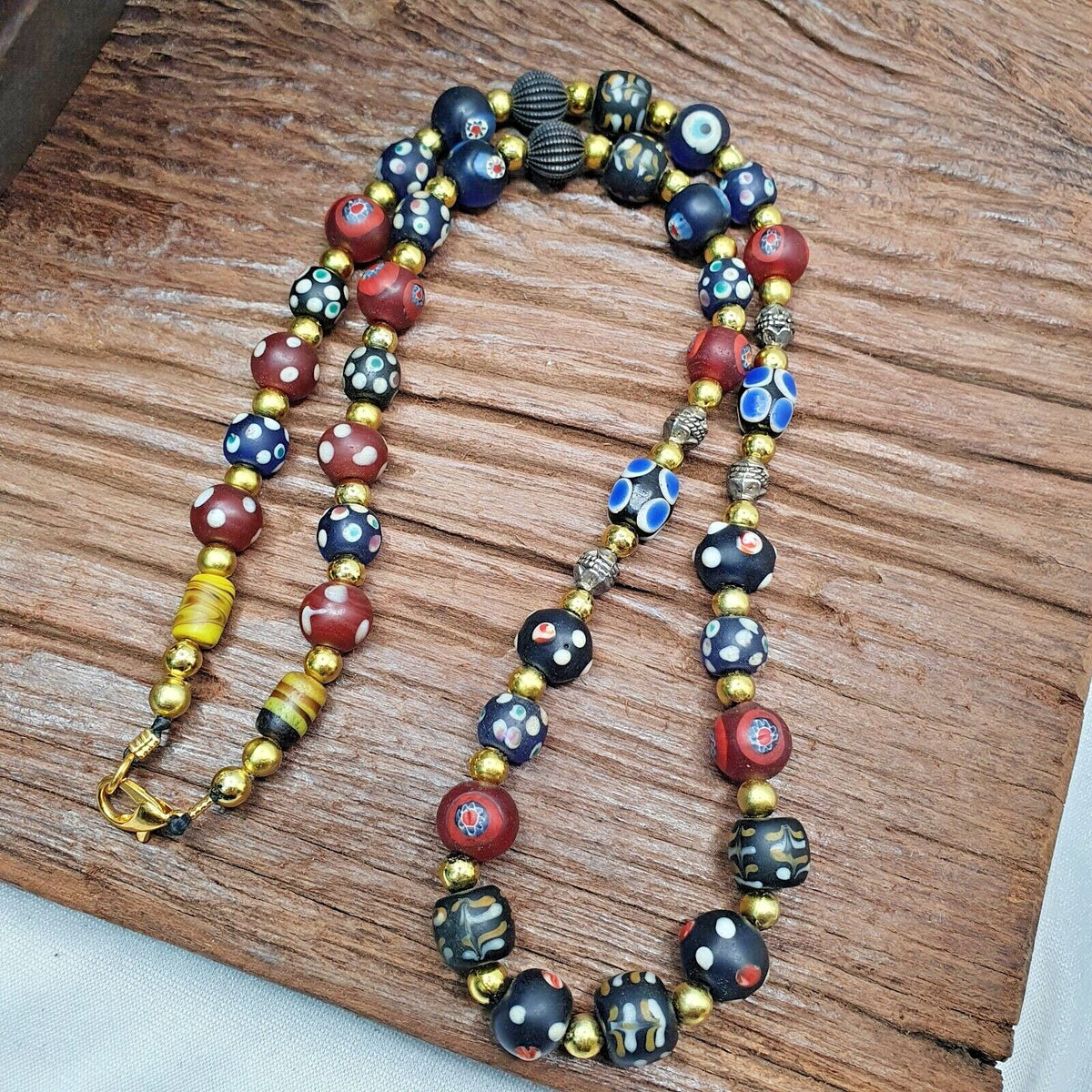 Vintage venetian style skunk and turkish evil eye beads necklace