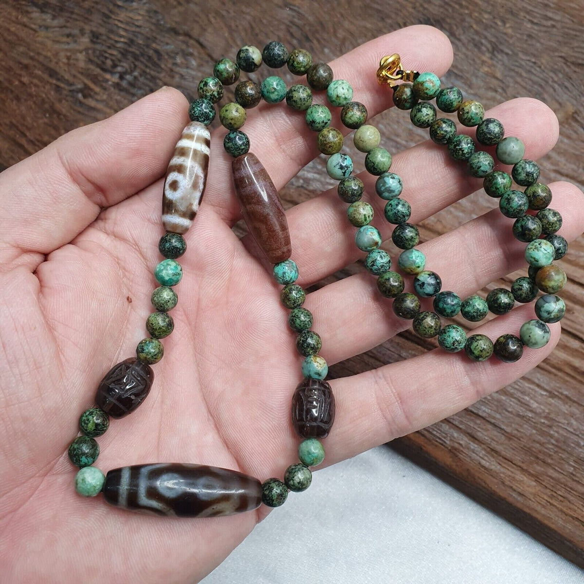 Himalayan Indo Tibetan Dzi Beads with African Turquoise Amulet Necklace