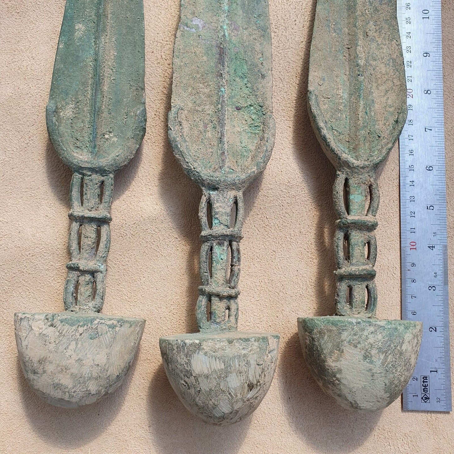 Lot 3 ancient greek era bronze sword with lunar & decorated handle #sw9