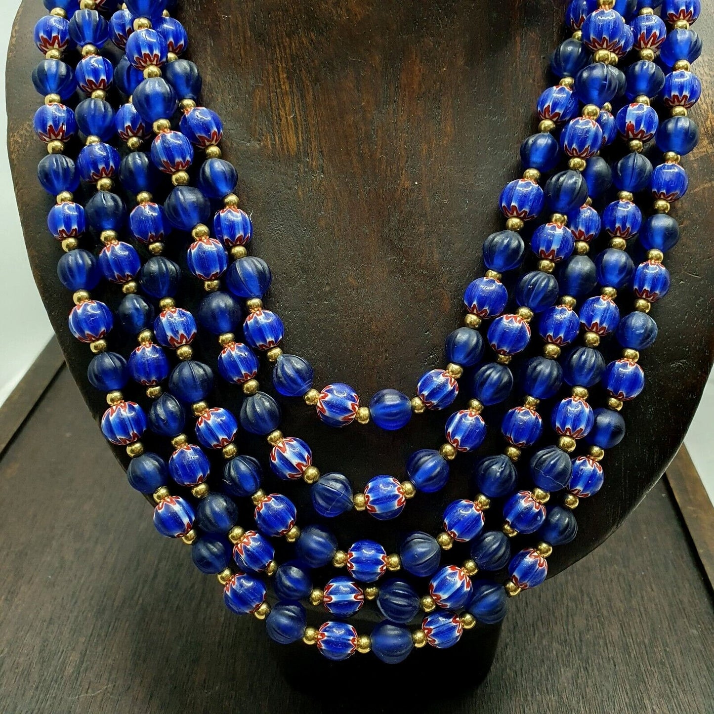 Venetian style vintage blue chevron, african blue glass beads necklace chr-2Gift
