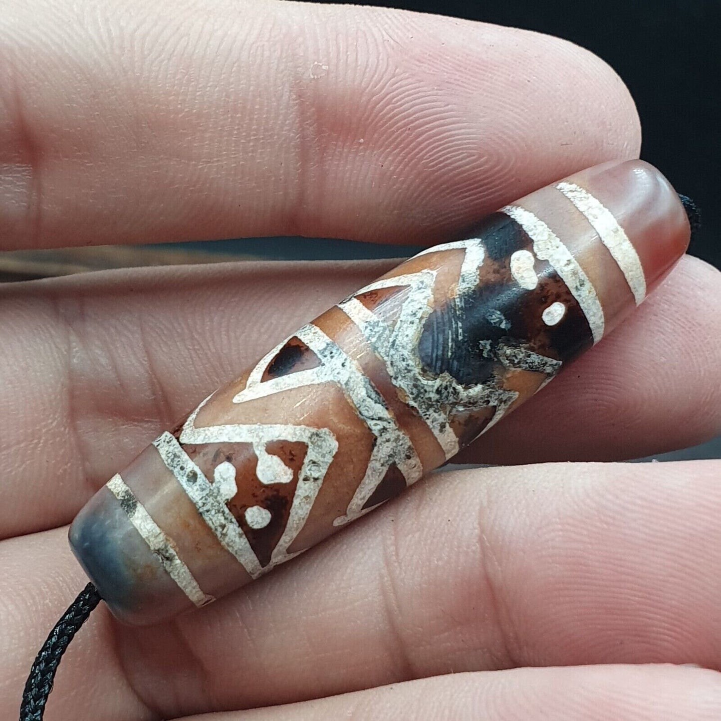 Antique -vintage pyu tibetan etched pink agate zig zag eyes pattern bead 51mm