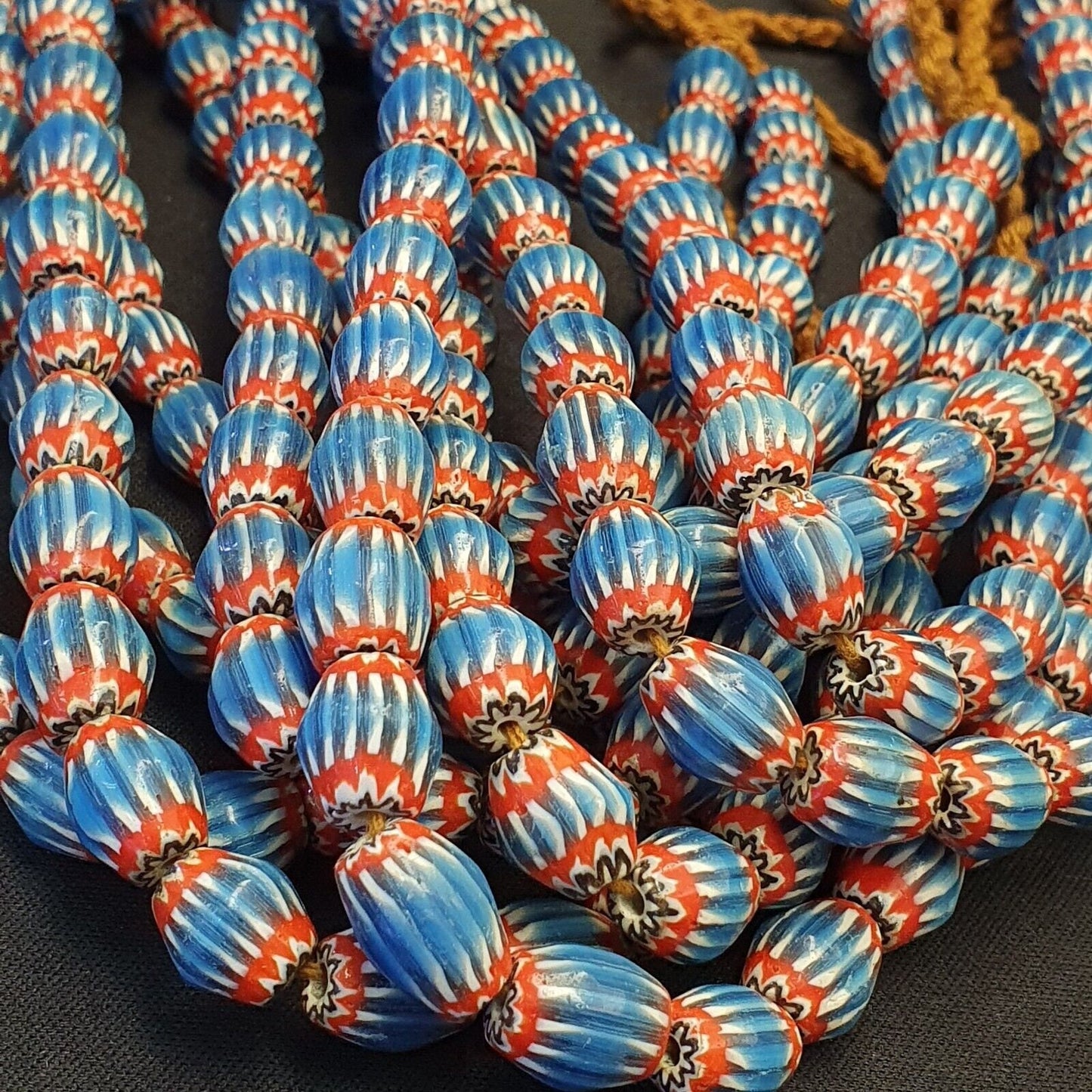 Vintage venetian african style blue glass chevron 10mmx12mm beads long strandGift