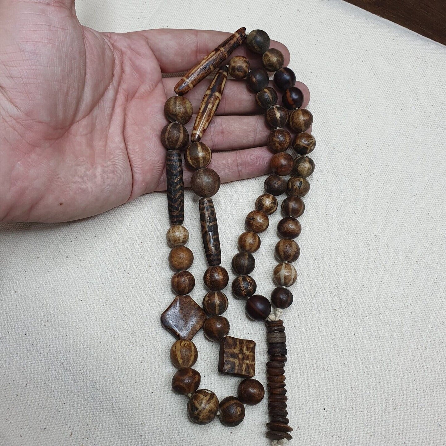 Antique Pumtek Bead Necklace: Agatized Palmwood, Southeast Asian Collectible