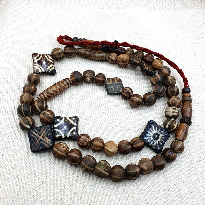 Antique Pumtek Bead Necklace: Agatized Palmwood, Southeast Asian Design