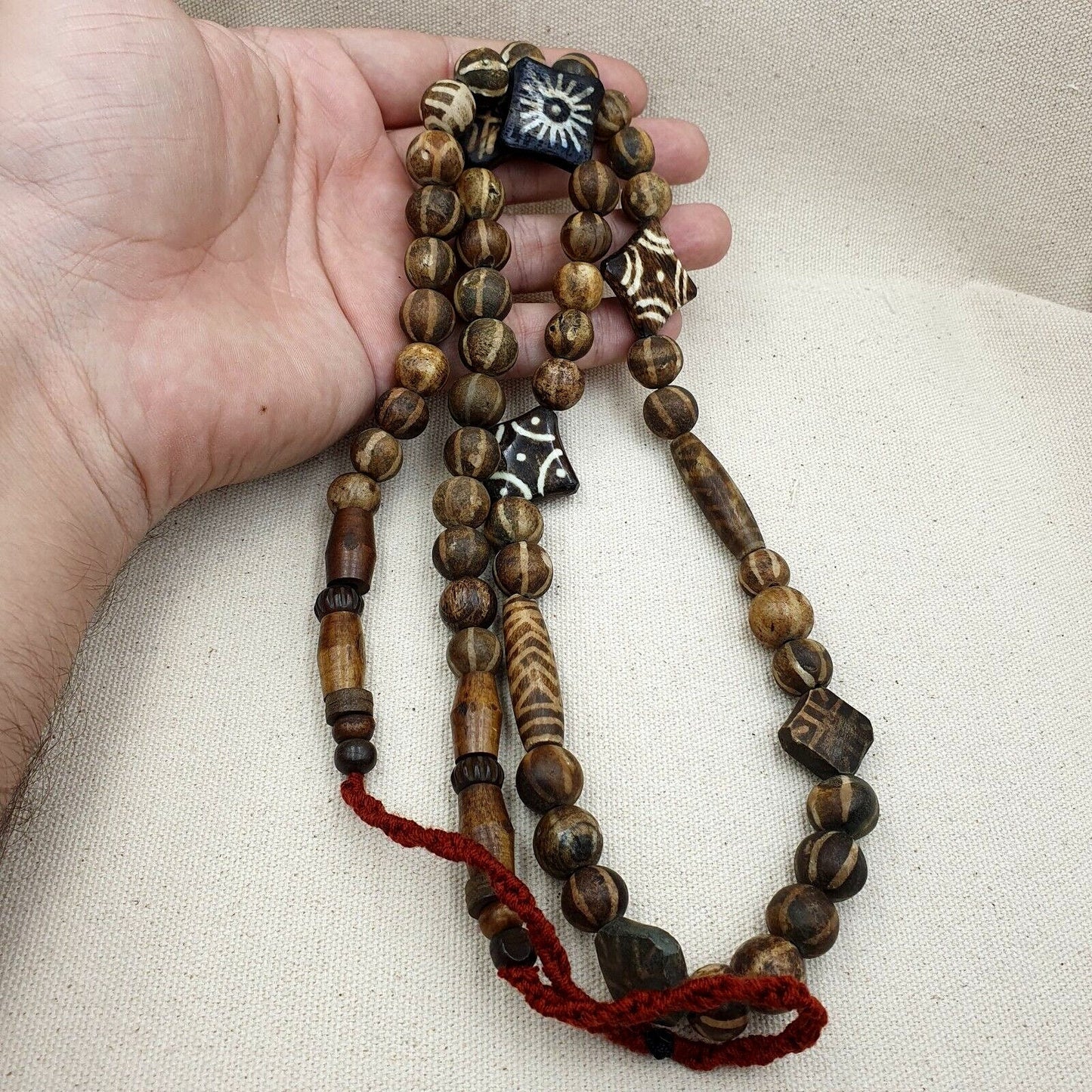 Antique Pumtek Bead Necklace: Agatized Palmwood, Southeast Asian Design