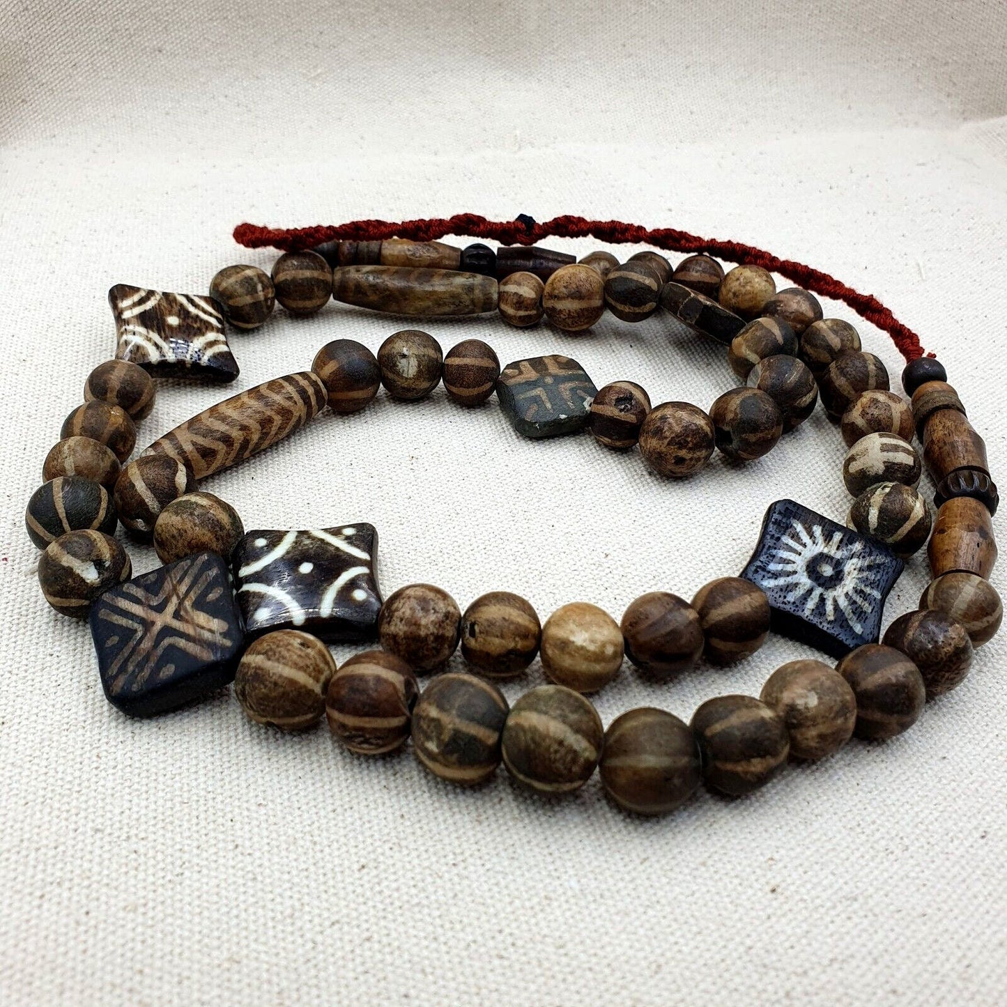 Antique Pumtek Bead Necklace: Agatized Palmwood, Southeast Asian Design