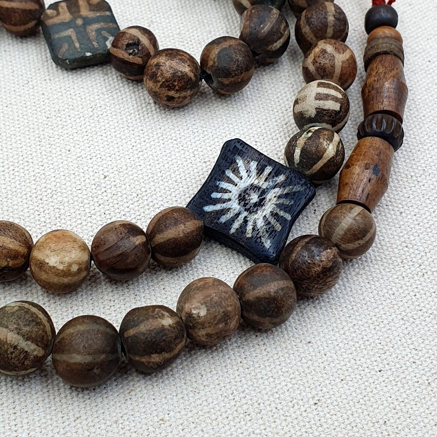 Antique Pumtek Bead Necklace: Agatized Palmwood, Southeast Asian Design