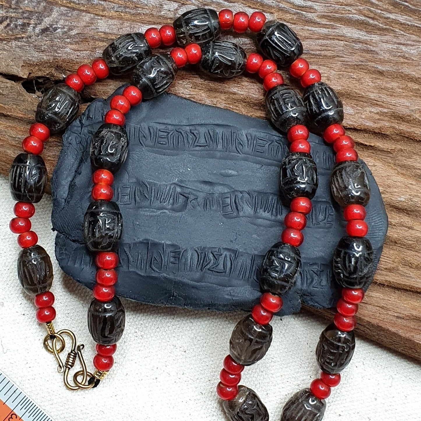 Antique tibetan carving smoky quartz & venetian whiteheart beads mala necklace