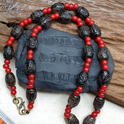 Antique tibetan carving smoky quartz & venetian whiteheart beads mala necklace