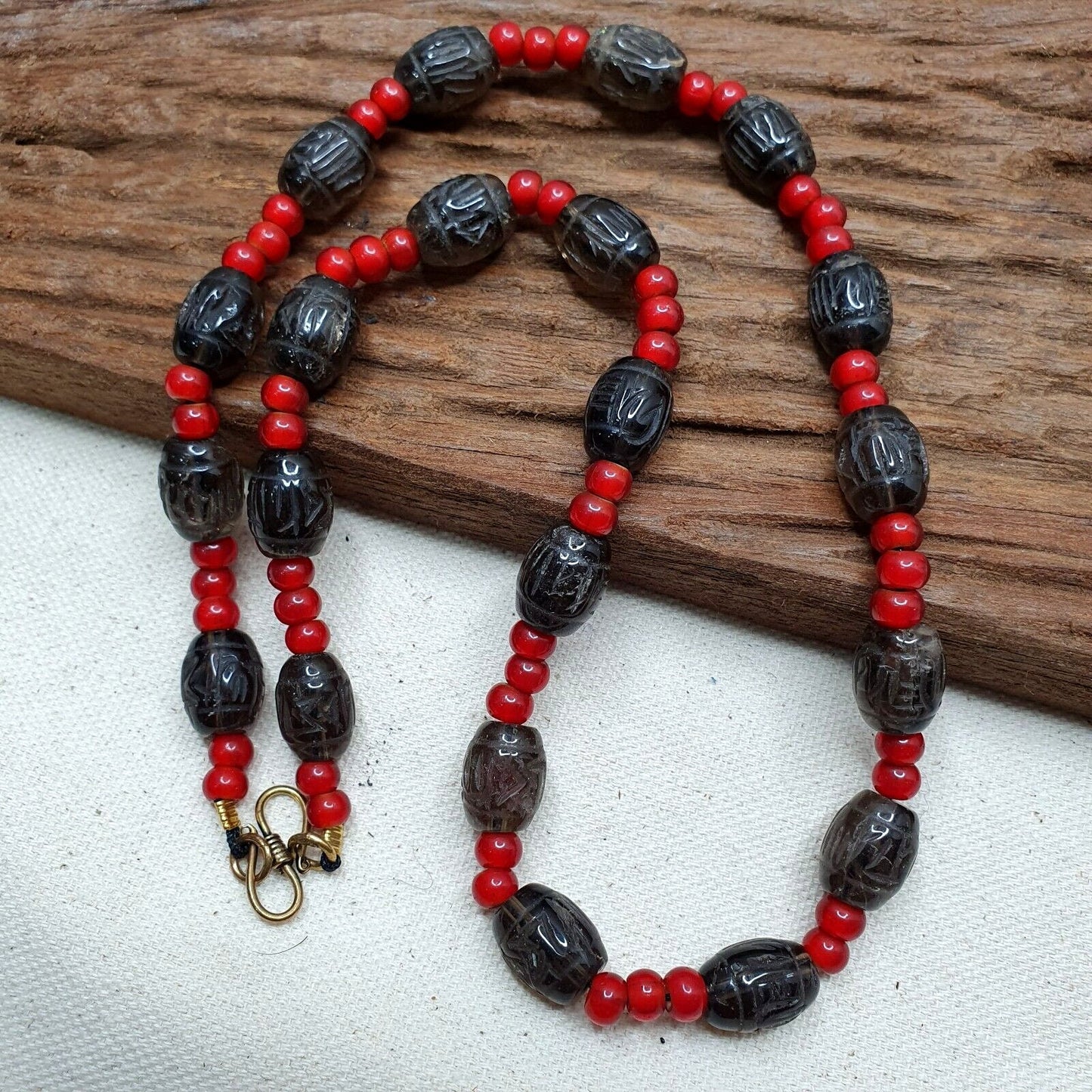 Antique tibetan carving smoky quartz & venetian whiteheart beads mala necklace