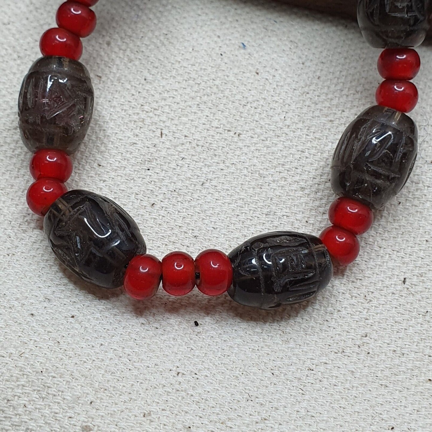 Antique tibetan carving smoky quartz & venetian whiteheart beads mala necklace