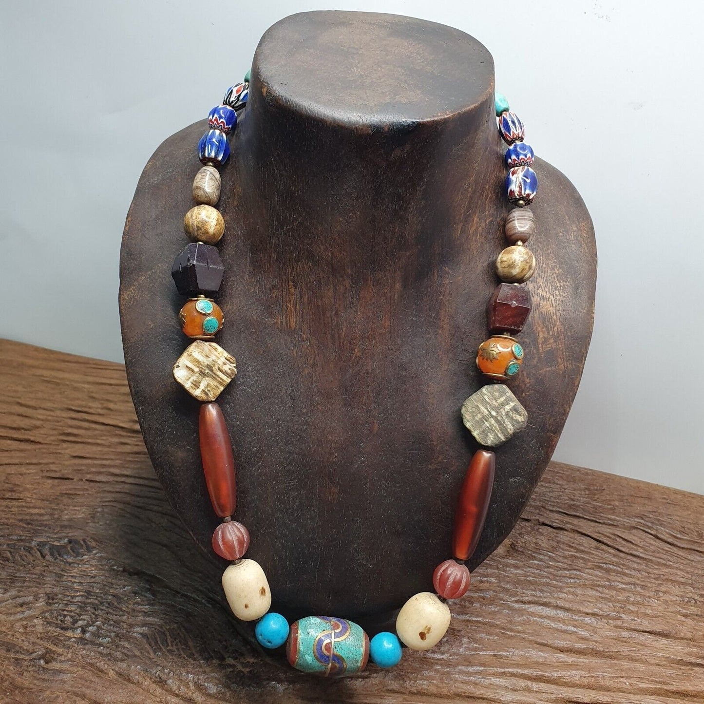 Vintage african beads chevron glass, pumtek, agate and nepal pendant necklaceGift
