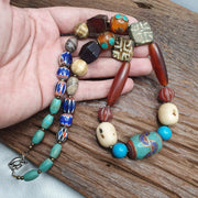 Vintage african beads chevron glass, pumtek, agate and nepal pendant necklace.
